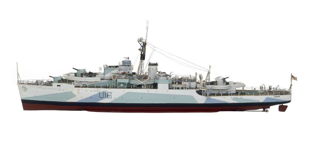 Dibujo modelo del HMS Amethyste (1943), el barco de Simon, el gato. 